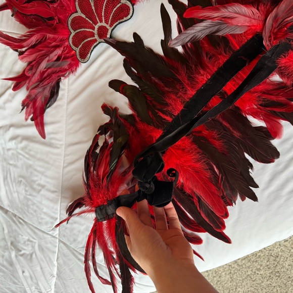 Red Feathered Costume Set Head Piece Sequins and Feathered Skirt Wrap Tie - Picture 4 of 9